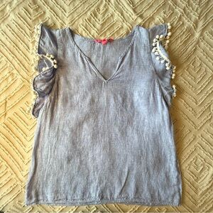Lilly Pulitzer Linen Light Blue Pom Pom Blouse | XS